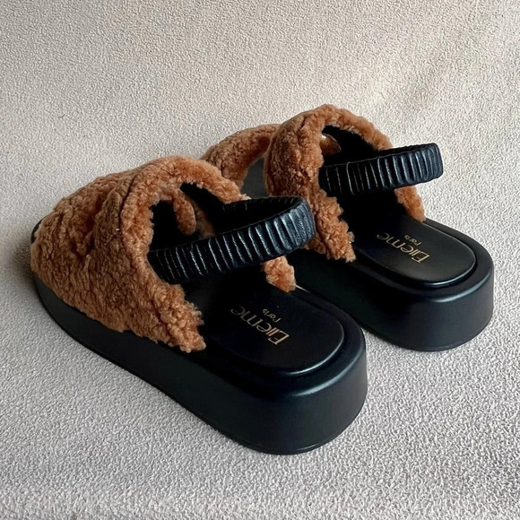 Elleme Gemini Shearling Teddy Slingback Sandal-Brown/Black-Women’s 6.5/7.5/8.5 - Picture 4 of 10